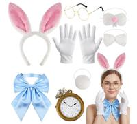 Costume da coniglio bianco, 8 pezzi, accessorio per feste a tema Halloween | Costumi di Halloween con fascia per capelli, nodo colletto bianco, coda, naso, papillon blu, occhiali, orologio da tasca