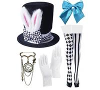 Costume da coniglio bianco da cappellaio matto con orecchie da coniglio, cappello a cilindro, coda, papillon, guanti, spilla da coniglio, accessorio per costume di Pasqua e Halloween (5 pezzi,