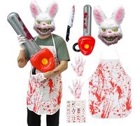 Costume da Coniglio Horror, Costume da Macellaio Serial Killer con Maschera Coniglio, Grembiule Insanguinato, Guanti, Motosega, Coltello Finto e Tatuaggio Temporaneo, per Halloween Carnevale Festa