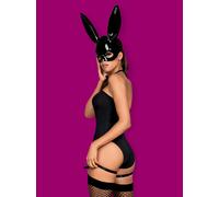 Costume Da Coniglio Obsessivo Nero Con Body, Maschera, Fiocco E Calze