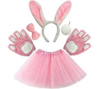 Costume da Coniglio per Bambini, 5PCS Cosplay Costume Accessori con Guanti di Coniglio Fascia Capelli Gonna Tutu Coda Cravatta a Farfalla Animale Dress Up Costumi per Pasqua Cosplay Party(Rosa)
