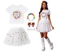 Costume da coriandoli da donna, 5 pezzi, coriandoli nel cuore, carnevale, coriandoli, costume da carnevale, costume da donna, gonna in tulle, cerchietto con pompon colorati, orecchini, adesivi