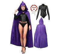 Costume da corvo da donna, tuta deluxe con cappuccio, mantello viola con pietre rosse, per cosplay, per adulti, Costume Corvo, Medium