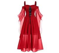Costume da cosplay medievale da donna, per Halloween, incantevole maxi abito da strega con spalline e gonna fluida per feste a tema ed eventi, pelliccia medievale (rosso, XXXL)