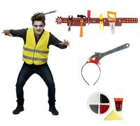 Costume da costruttore di zombie, taglia S, giallo ad alta visibilità, chiave inglese sulla fascia, cintura con 5 strumenti, pittura facciale, sangue finto, per bambini e bambine, costume spaventoso