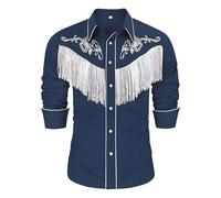 Costume da cowboy da uomo, a maniche lunghe, con frange, ricamato, stile wester, casual, hippie, camicia da uomo, comoda, a maniche lunghe, slim fit, Blu marino, L