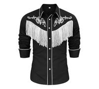 Costume da cowboy da uomo, a maniche lunghe, con frange, ricamato, stile wester, casual, hippie, camicia da uomo, comoda, a maniche lunghe, slim fit, Nero , L