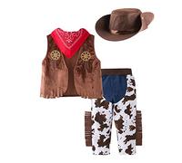 Costume da Cowboy Occidentale Senza Maniche per Neonati per Bambini per Bambini Cosplay Gilet Cappello Sciarpa Pantaloni 4 Pezzi Set Halloween Party Fantasia Dress Up Bikini Mucca