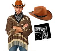 Costume da cowboy per adulti, poncho marrone scuro con frange con nappe, cappello da cowboy con stelle marroni, bandana Paisley nera, costume da pistolero western da uomo