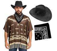 Costume da cowboy per adulti, poncho marrone scuro con frange con nappe, cappello da cowboy in velluto nero, bandana Paisley nera, costume da pistolero western da uomo