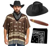 Costume da cowboy per adulti, poncho marrone scuro con frange con nappe, cappello da cowboy in velluto nero, bandana Paisley nera, sigaro finto - Costume da pistolero western da uomo
