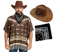 Costume da cowboy per adulti, poncho marrone scuro con frange con nappe, cappello da cowboy in velluto marrone, bandana Paisley nera, costume da pistolero western da uomo