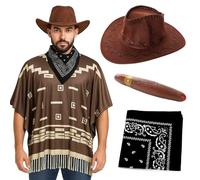 Costume da cowboy per adulti, poncho marrone scuro con frange con nappe, cappello da cowboy in velluto marrone, bandana Paisley nera, sigaro finto - Costume da pistolero western da uomo