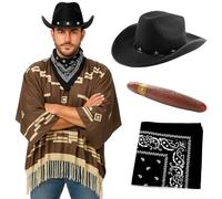 Costume da cowboy per adulti, poncho marrone scuro con frange con nappe, cappello da cowboy nero tempestato di stelle, bandana Paisley nera, sigaro finto - Costume da pistolero western da uomo