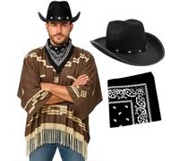 Costume da cowboy per adulti, poncho marrone scuro con frange con nappe, cappello da cowboy nero tempestato di stelle, bandana Paisley nera, costume da pistolero western da uomo