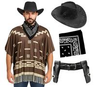 Costume da cowboy per adulti, standard, con poncho marrone scuro con frange con nappe, cappello da cowboy in velluto nero, bandana nera Paisley, fondina per pistola, costume da uomo