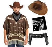 Costume da cowboy per adulti, taglia XL, poncho marrone scuro con frange con nappe, cappello da cowboy in velluto marrone, bandana Paisley nera, fondina per pistola, costume da uomo