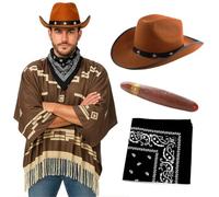 Costume da cowboy selvaggio West per adulti, poncho geometrico marrone con orlo con nappe, cappello marrone tempestato di stelle, bandana Paisley nera e sigaro di plastica, spaghetti deluxe western