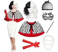 Costume da crudelia da donna con parrucca, mantello dalmata, 7 pezzi | Guanti rossi, collana, maschera, cuffia per parrucca, bacchetta malvagia, costume di Halloween Cosplay Set e Giornata