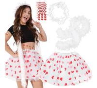 Costume da Cupido Gonna Bianco, Tulle da Donna Set 5 Costumi Carnevale con Gonna Tutu Fascinator Capelli d'Angelo Boa di Piume Sciarpa di Piume Adesivi Festa a Tema Accessori Carnevale San Valentino