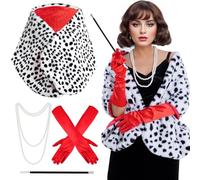 Costume da dalmata per Halloween, da donna, nero e bianco, scialle dalmata crudele, stola, sciarpa stola, guanto rosso anni '20, collana di perle finte per adulti