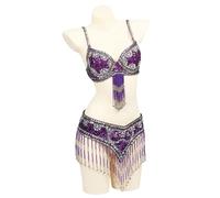 AMENGJ Costume da Danza del Ventre Costume da Ballo in Due Pezzi con Reggiseno e Cintura con Perline e Paillettes in Stile Orientale da Donna, Completo da Spettacolo(Color 7,S)