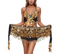 Costume da danza del ventre, da donna, con nappa, con paillette, set per festival, ballo, sexy, in due pezzi, con allacciatura al collo, gonna a frange, club, latino, indiano, belly rave, carnevale, O