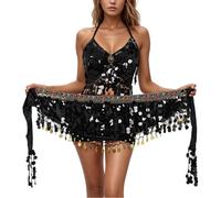 Costume da danza del ventre, da donna, con nappa, con paillette, set per festival, ballo, sexy, in due pezzi, con allacciatura al collo, gonna a frange, club, latino, indiano, belly rave, carnevale, O