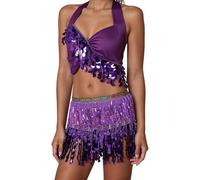 Costume da danza del ventre, da donna, con paillette, gonna e top per festival, sexy, metallizzato, con brillantini, gonna da ballo, in due pezzi, lucida, con paillette, top da 2 pezzi, per Capodanno