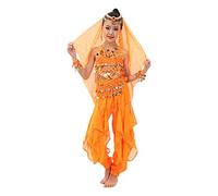 Costume Da Danza Del Ventre Per Ragazze 6 Pezzi Top Pantaloni Cintura Veio Copricapo E Bracciali DanzaIndiana Set Di Costumi Per Bambini Abiti Da Esibizione Di Carneval (Orange-a, 7-10 Years)