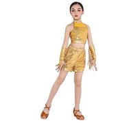 Costume da danza hip-hop con paillettes, per ragazze, con crop top, pantaloncini metallici con maniche a nappa, 3-12 anni, recital, spettacoli teatrali, balli latini, feste, abbigliamento da ballo