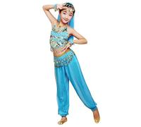 Costume da Danza Indiana per Bambine Set 5 Pezzi: Top, Pantaloni, Cintura, veIo e bracciali Abbigliamento per spettacoli, carnevaIe, Festival, esibizioni BolIywood, Cosplay, (Sky Blue, 9-10 Years)