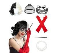 Costume da Deville da donna, accessorio da donna crudele degli anni '20, parrucca bianca e nera, con guanti, per feste di Halloween, balli studenteschi, Giornata mondiale del libro