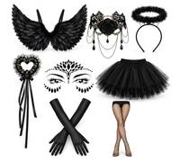 Costume da diavolessa per donna, Costume da diavolo per Halloween, Cosplay | Set costume da diavolessa nero per Halloween: include cerchietto, ali, adesivi per il viso, collana, gonna, collant, tridente