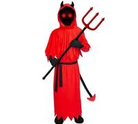 Costume da Diavolo Bambini, Rosso Diavolo Costumi Bambino Ragazzo Tunica Diavoletta con Corna da Diavolo Cappuccio Coda Accessorio Halloween Cosplay (L (10~12 anni))