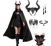 Costume da diavolo da donna, 150 cm, costume da diavolo, mantello nero con corna del diavolo e gioielli gotici e guanti in pizzo, Halloween, costume da diavolo, mantello per carnevale