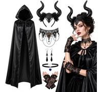 Costume da diavolo da donna, costume da diavolo malefico per Halloween | Costume da diavolo di Malefiecent per Halloween, set da donna, mantello con cappuccio, catena del diavolo e corna
