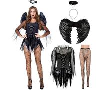 Costume Da Diavolo Nero, Ali e Aureola Da Angelo Nero, Abito Da Diavolo Da Angelo Caduto, Costumi Da Donna Per Halloween, Costume Da Vampiro Per Adulti Per Halloween, Carnevale, Cosplay e Feste (XXL)