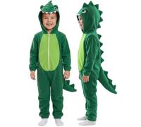 Costume da dinosauro per bambini, taglia XS, tuta verde con cappuccio, spine e coda, per bambini e bambine, costume per Halloween e Giornata mondiale del libro