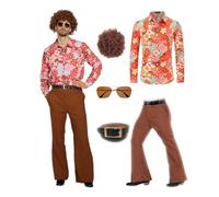 Costume da discoteca, anni '70, hippie, da uomo, con pantaloni a zampa, camicia 80s, carnevale, per cosplay, Halloween, feste (arancione, M)