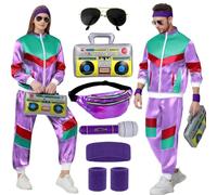 Costume da discoteca, da uomo, anni '80, anni '91, con accessori, tuta da jogging, in stile retrò, da discoteca, da discoteca, hip hop, per carnevale e feste da uomo, viola, L