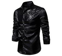 Costume da discoteca da uomo in raso lucido con paillettes, camicia a maniche lunghe con bottoni, formale casual, camicia da lavoro, slim fit, elasticizzata, da discoteca, per matrimoni, balli di fine