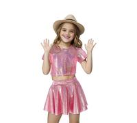 Costume da discoteca per bambine anni '70 e '80, gonna metallica lucida e scintillante, costume da discoteca con paillettes per travestimento da superstar di ballo rosa pop re MJ