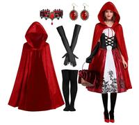 Costume da donna a forma di Cappuccetto Rosso con cappuccio, collana, orecchini, calze, guanti, Little Red Riding Hood Outfit per adulti, Halloween, Carnevale