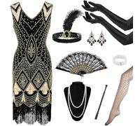 Costume da Donna Anni '20 - 9 Pezzi Charleston Con Frange, Abito Scollo a V, Accessori, Collane e Orecchini per Feste