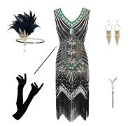 Costume da donna anni '20, con paillettes, con frange, con scollo a V, senza maniche, per carnevale, alla moda