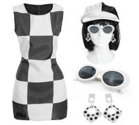 Costume da donna anni '60, taglia XS, vestito deluxe bianco e nero con parrucca, cappello, occhiali da sole e orecchini, stile retrò anni Sessanta