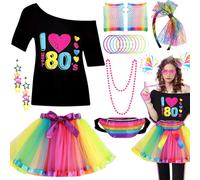 Costume da donna anni '80, set di accessori per costume anni '80, con maglietta, tutù, borsa, guanti, fascia, orecchini, collana, bracciali, per donne e ragazze, tema retrò, addio al nubilato