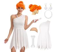 Costume da donna con accessori, età della pietra, colore: Bianco | Costume da uomo delle caverne da donna, abito asimmetrico con parrucca e collana, per carnevale, Halloween, feste, cosplay