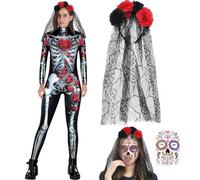 Costume da donna con teschio, tuta con stampa scheletro, body sexy e spaventoso da donna, tatuaggio Dia De Los Muertos, cerchietto e velo per il giorno dei morti, per Halloween, festa in costume